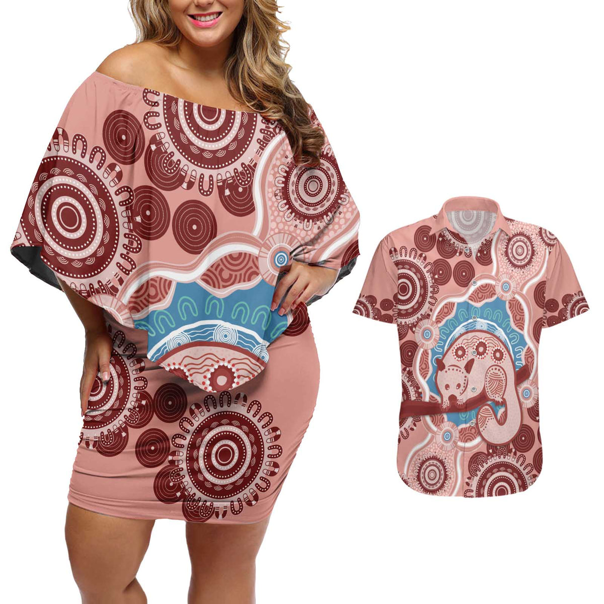 Blush Pink Australia Possum Couples Matching Off Shoulder Short Dress and Hawaiian Shirt Indigenous Art