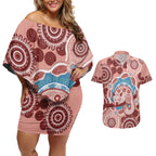 Blush Pink Australia Possum Couples Matching Off Shoulder Short Dress and Hawaiian Shirt Indigenous Art