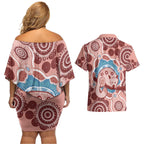 Blush Pink Australia Possum Couples Matching Off Shoulder Short Dress and Hawaiian Shirt Indigenous Art