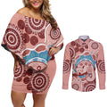 Blush Pink Australia Possum Couples Matching Off Shoulder Short Dress and Long Sleeve Button Shirt Indigenous Art
