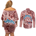 Blush Pink Australia Possum Couples Matching Off Shoulder Short Dress and Long Sleeve Button Shirt Indigenous Art