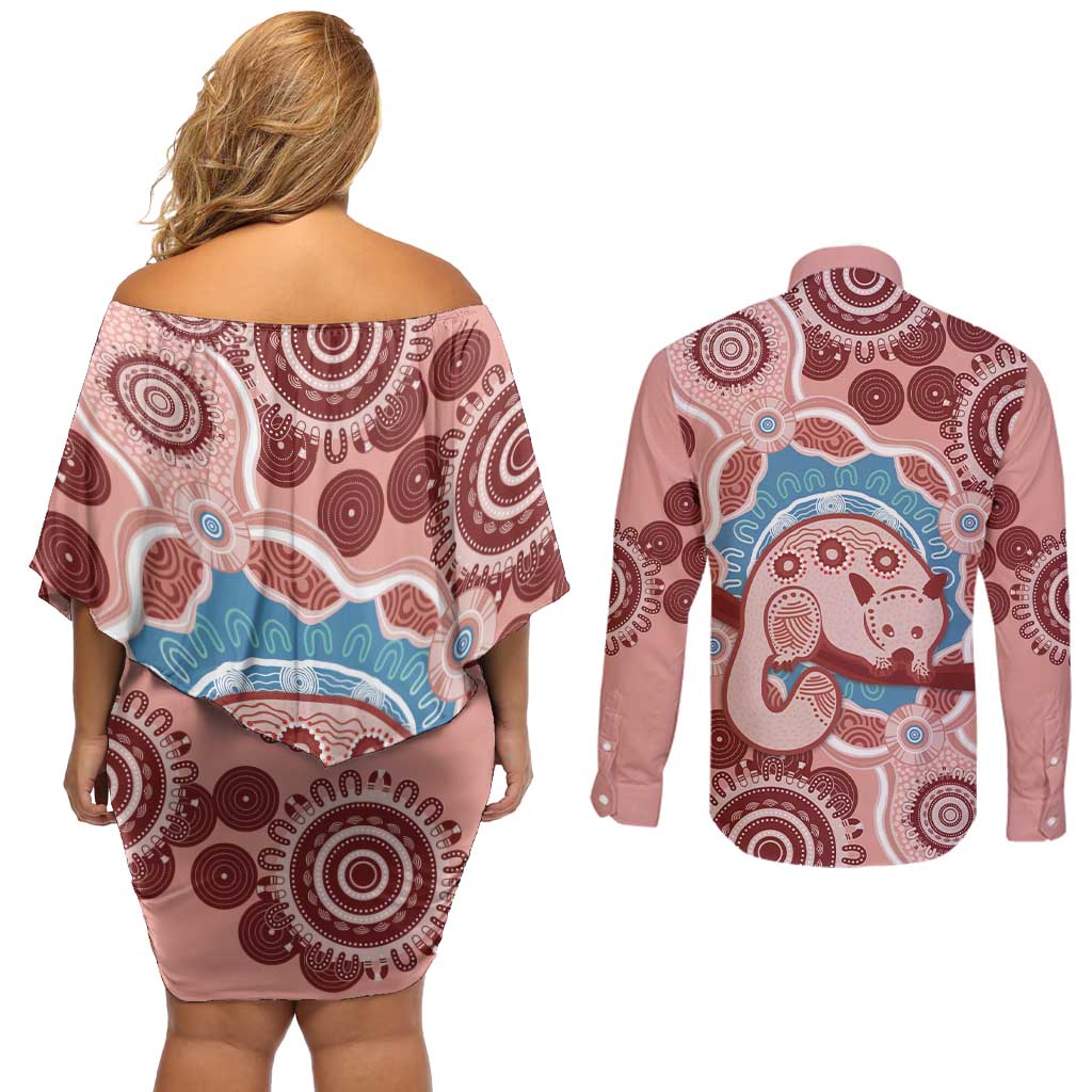 Blush Pink Australia Possum Couples Matching Off Shoulder Short Dress and Long Sleeve Button Shirt Indigenous Art