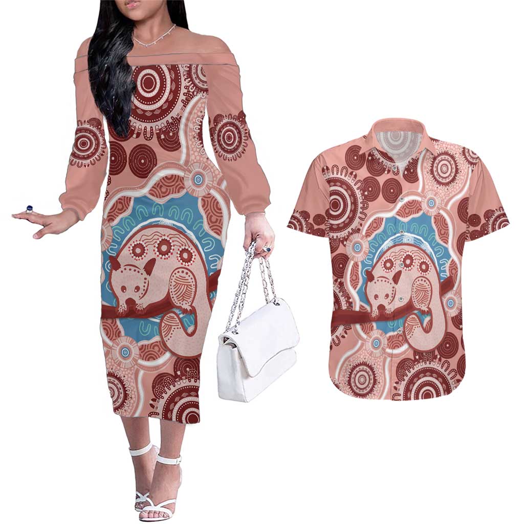 Blush Pink Australia Possum Couples Matching Off The Shoulder Long Sleeve Dress and Hawaiian Shirt Indigenous Art