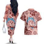 Blush Pink Australia Possum Couples Matching Off The Shoulder Long Sleeve Dress and Hawaiian Shirt Indigenous Art