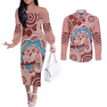 Blush Pink Australia Possum Couples Matching Off The Shoulder Long Sleeve Dress and Long Sleeve Button Shirt Indigenous Art