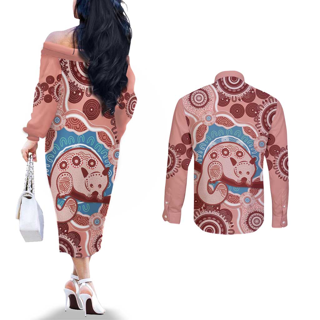 Blush Pink Australia Possum Couples Matching Off The Shoulder Long Sleeve Dress and Long Sleeve Button Shirt Indigenous Art