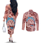 Blush Pink Australia Possum Couples Matching Off The Shoulder Long Sleeve Dress and Long Sleeve Button Shirt Indigenous Art