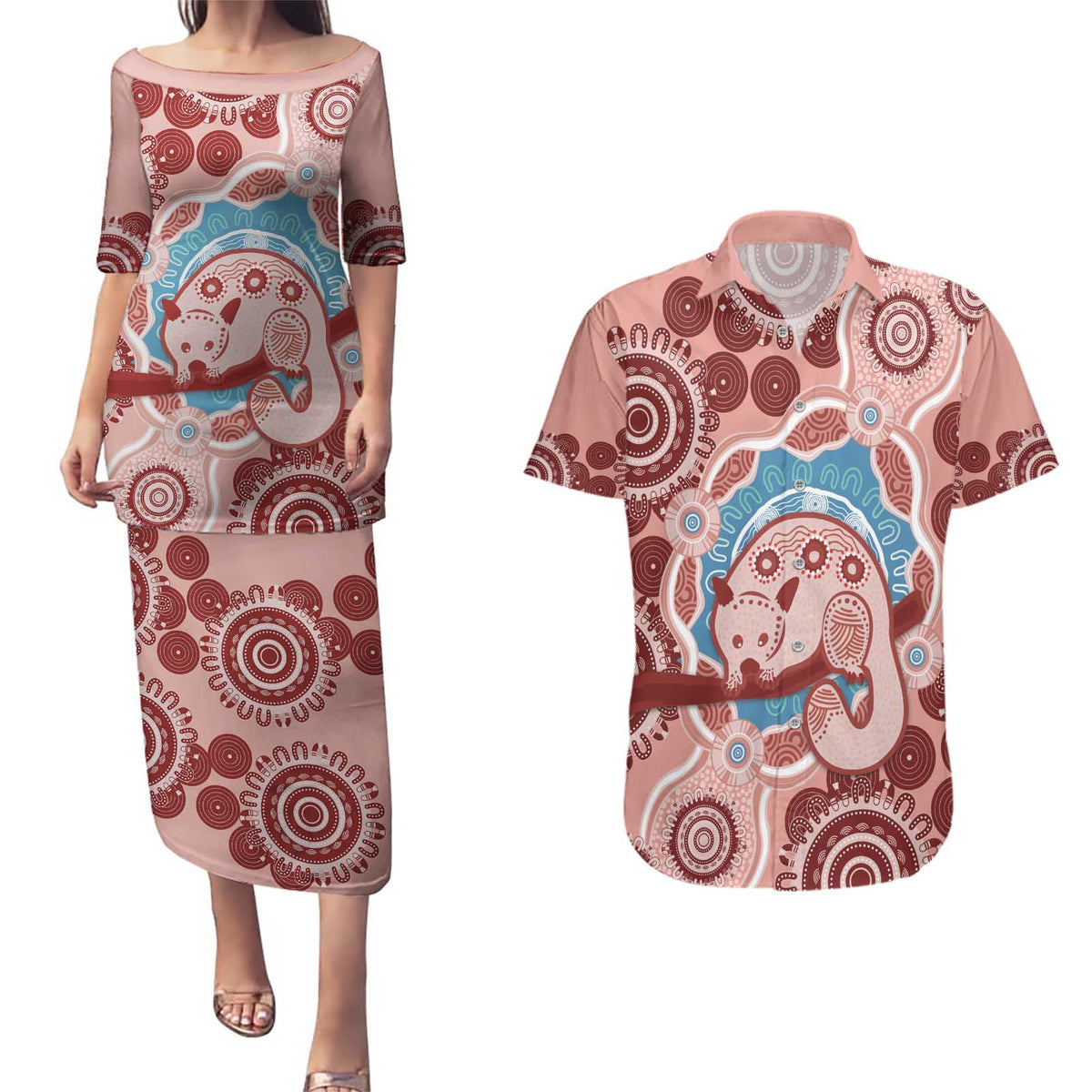 Blush Pink Australia Possum Couples Matching Puletasi and Hawaiian Shirt Indigenous Art