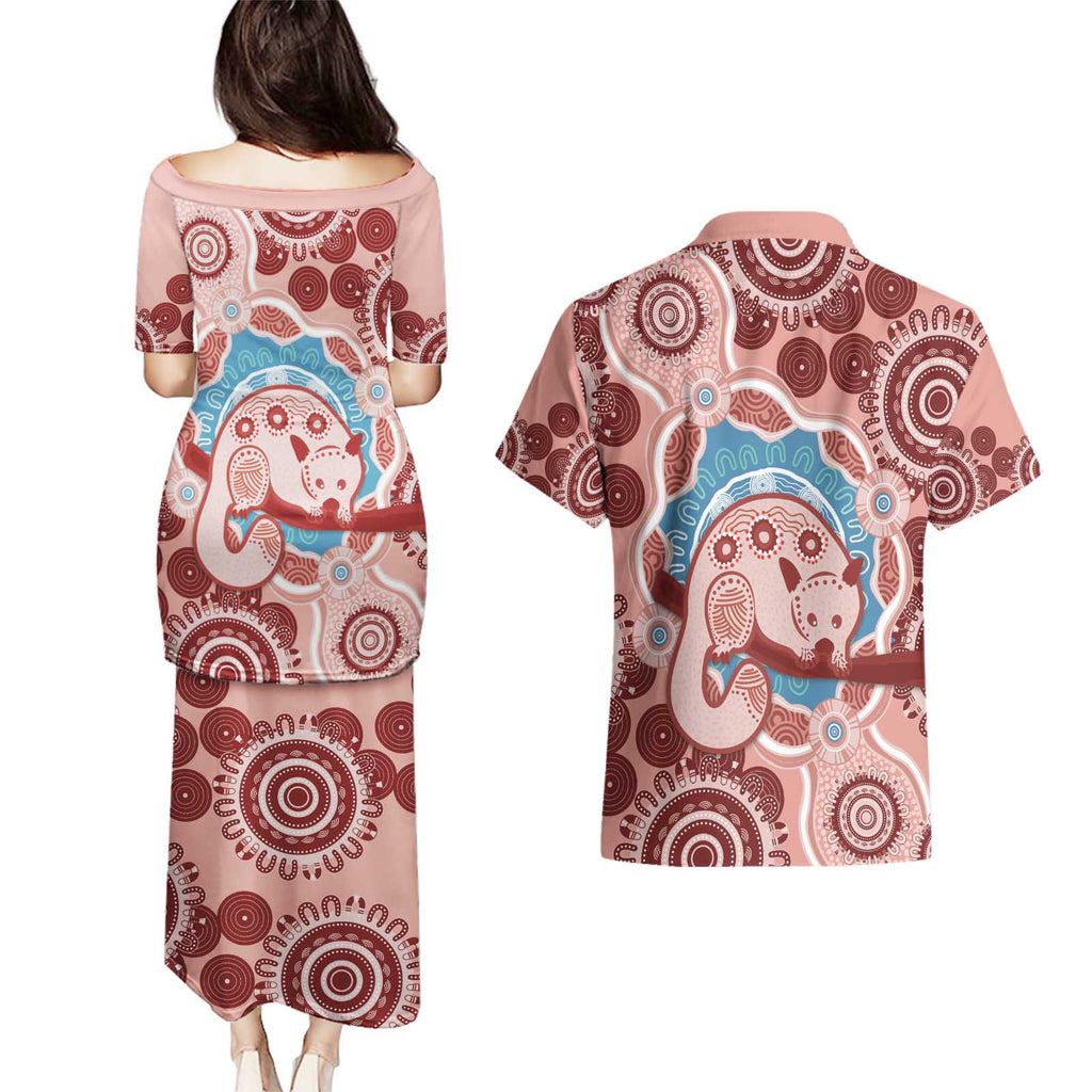 Blush Pink Australia Possum Couples Matching Puletasi and Hawaiian Shirt Indigenous Art