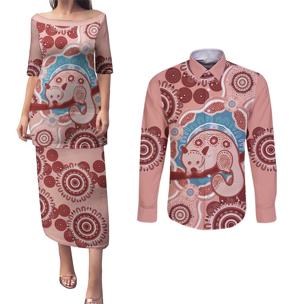 Blush Pink Australia Possum Couples Matching Puletasi and Long Sleeve Button Shirt Indigenous Art