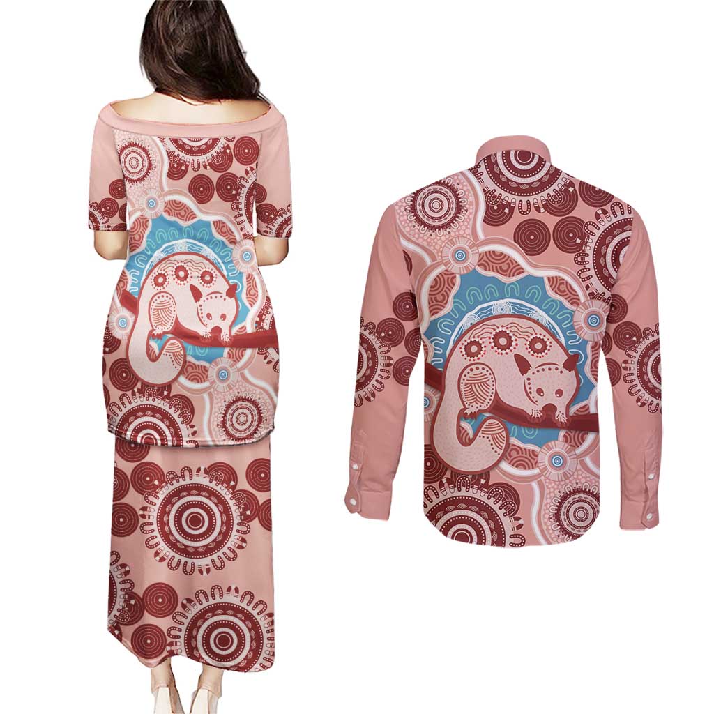 Blush Pink Australia Possum Couples Matching Puletasi and Long Sleeve Button Shirt Indigenous Art