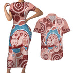 Blush Pink Australia Possum Couples Matching Short Sleeve Bodycon Dress and Hawaiian Shirt Indigenous Art