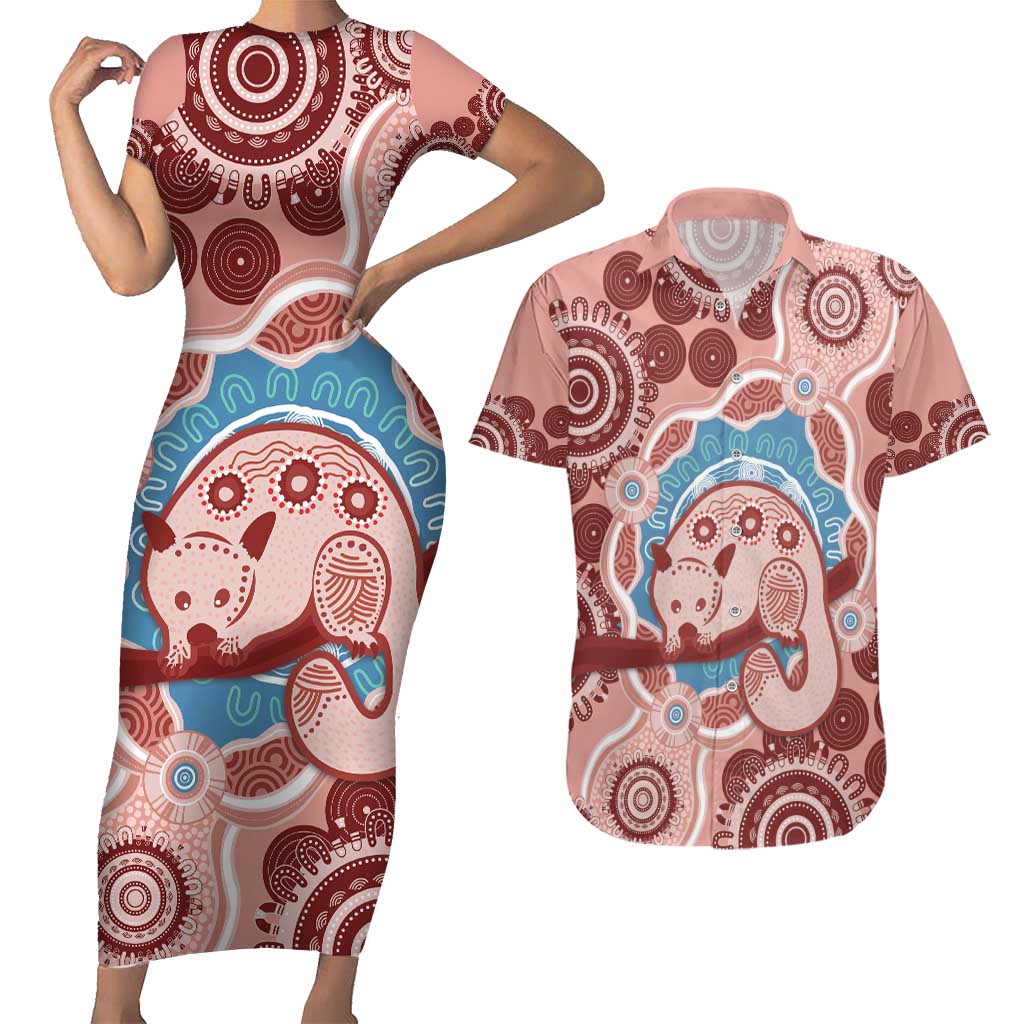 Blush Pink Australia Possum Couples Matching Short Sleeve Bodycon Dress and Hawaiian Shirt Indigenous Art