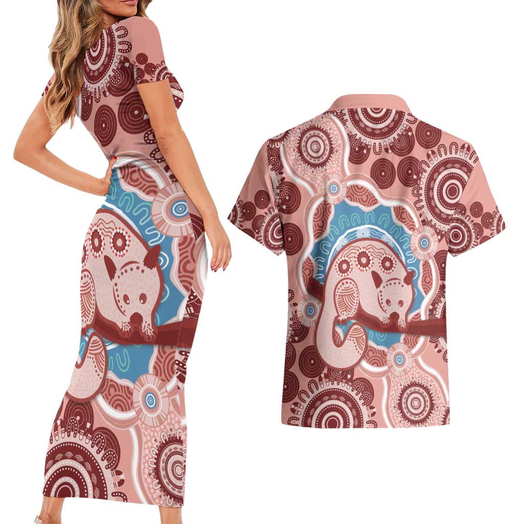 Blush Pink Australia Possum Couples Matching Short Sleeve Bodycon Dress and Hawaiian Shirt Indigenous Art