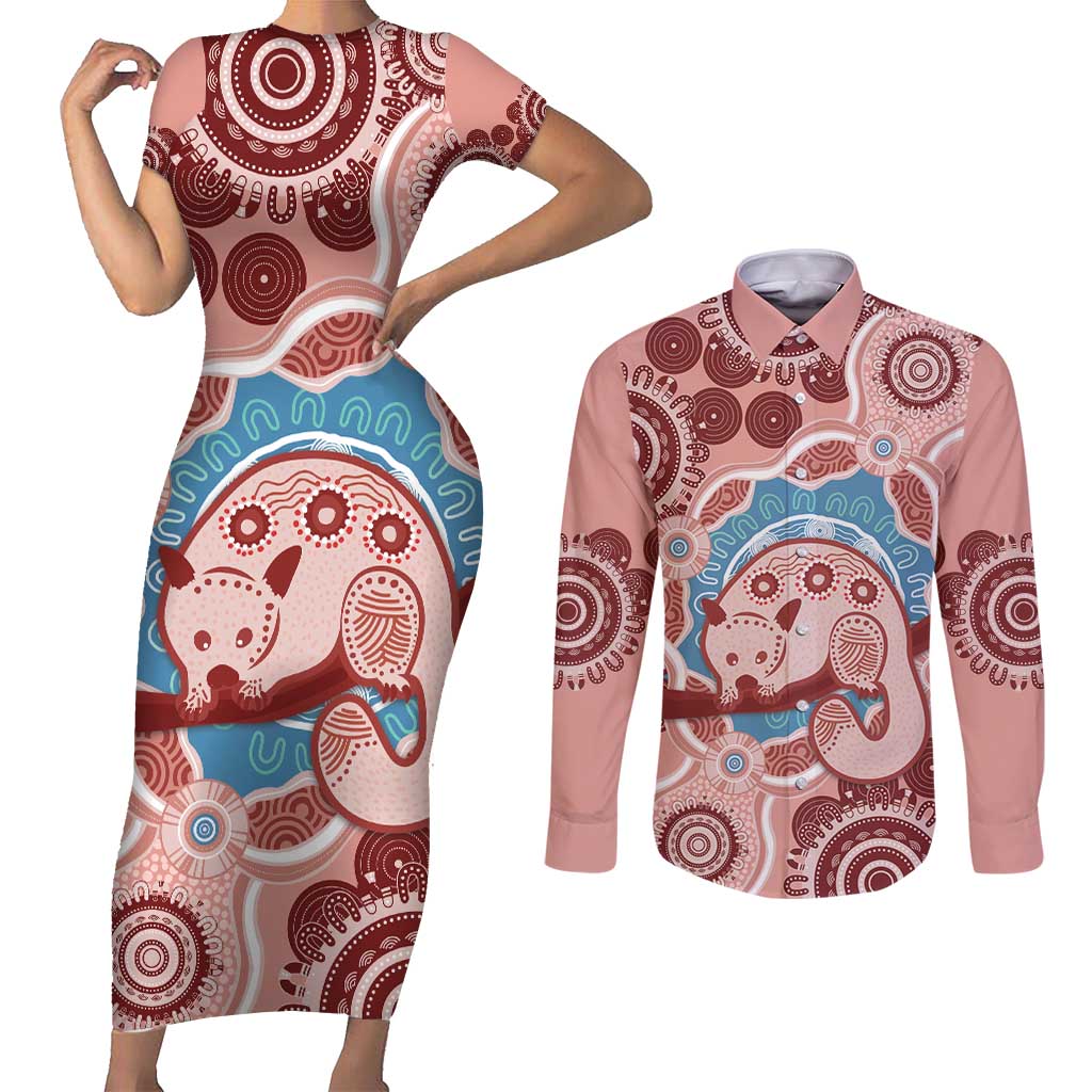 Blush Pink Australia Possum Couples Matching Short Sleeve Bodycon Dress and Long Sleeve Button Shirt Indigenous Art