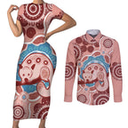 Blush Pink Australia Possum Couples Matching Short Sleeve Bodycon Dress and Long Sleeve Button Shirt Indigenous Art