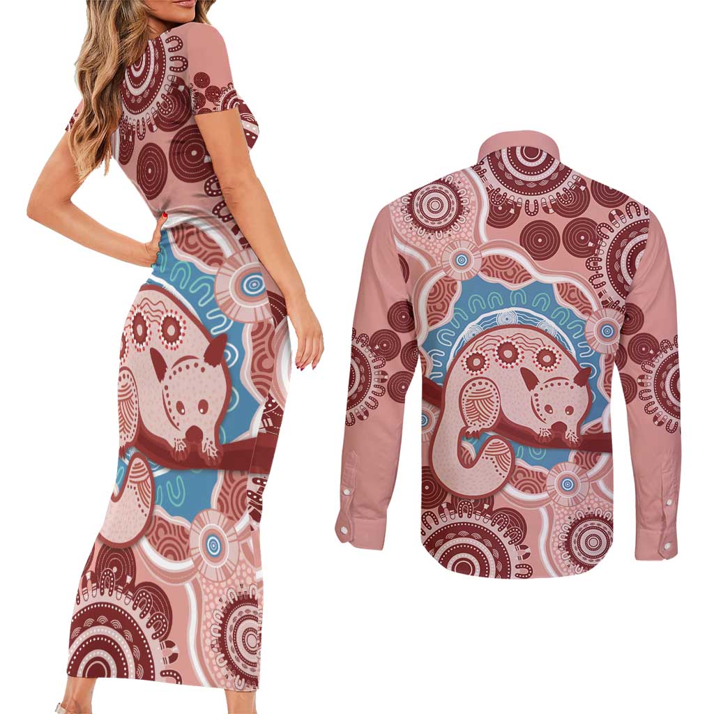 Blush Pink Australia Possum Couples Matching Short Sleeve Bodycon Dress and Long Sleeve Button Shirt Indigenous Art