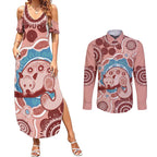 Blush Pink Australia Possum Couples Matching Summer Maxi Dress and Long Sleeve Button Shirt Indigenous Art