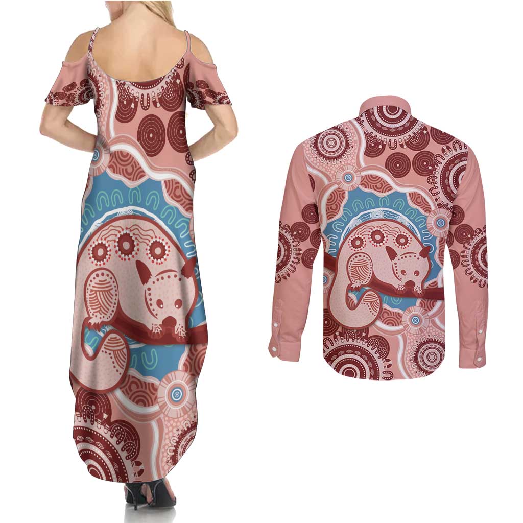 Blush Pink Australia Possum Couples Matching Summer Maxi Dress and Long Sleeve Button Shirt Indigenous Art