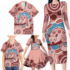 Blush Pink Australia Possum Family Matching Long Sleeve Bodycon Dress and Hawaiian Shirt Indigenous Art