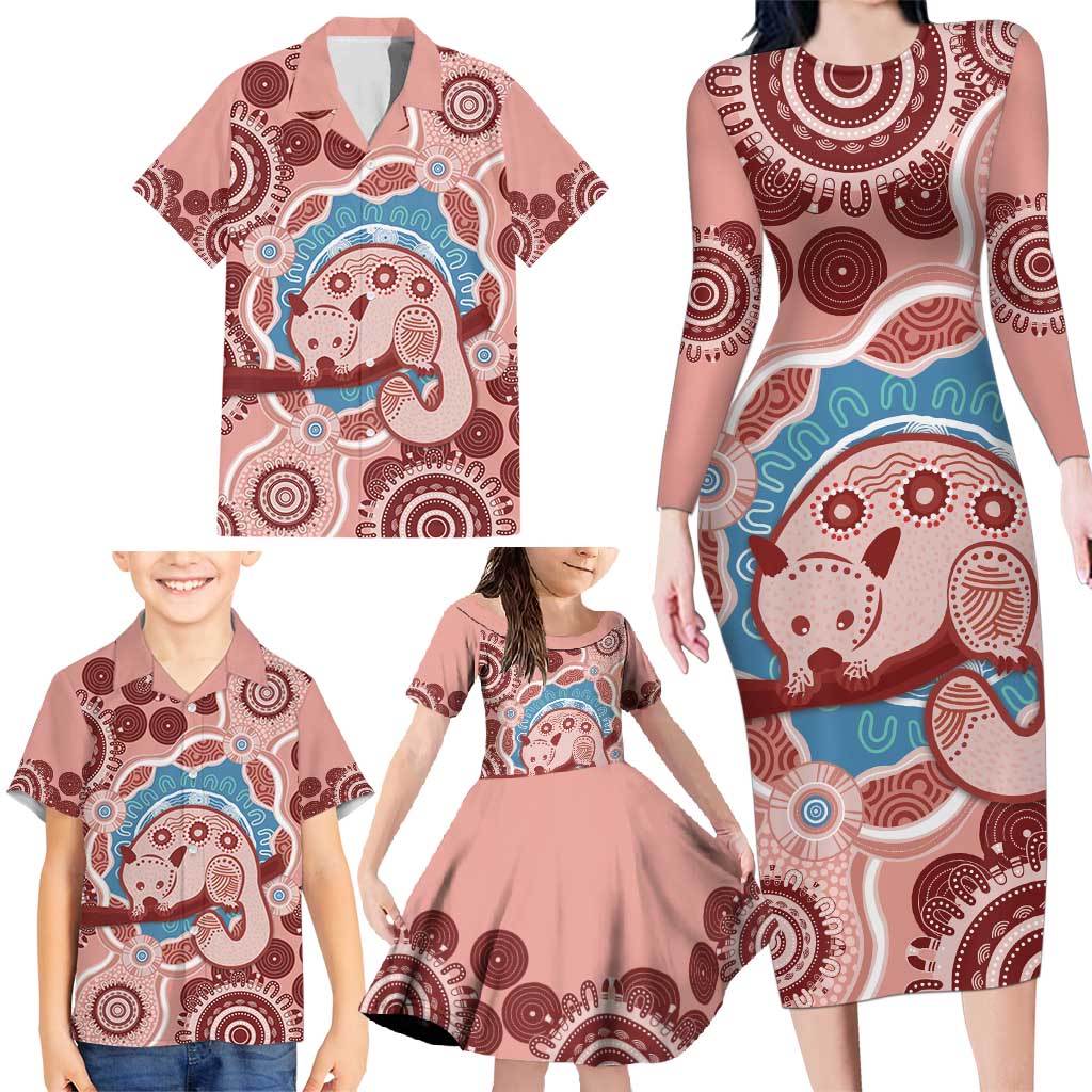 Blush Pink Australia Possum Family Matching Long Sleeve Bodycon Dress and Hawaiian Shirt Indigenous Art