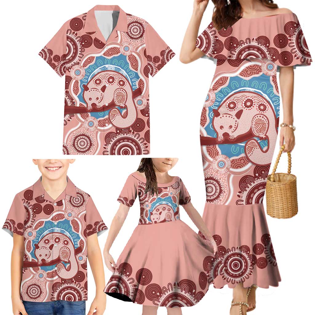 Blush Pink Australia Possum Family Matching Mermaid Dress and Hawaiian Shirt Indigenous Art
