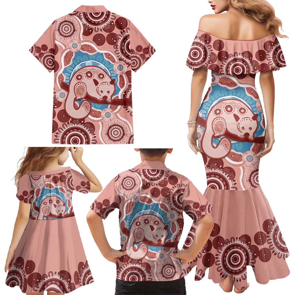 Blush Pink Australia Possum Family Matching Mermaid Dress and Hawaiian Shirt Indigenous Art