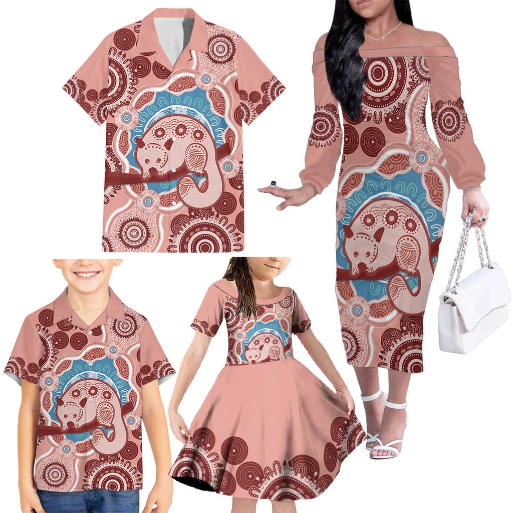 Blush Pink Australia Possum Family Matching Off The Shoulder Long Sleeve Dress and Hawaiian Shirt Indigenous Art