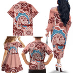 Blush Pink Australia Possum Family Matching Off The Shoulder Long Sleeve Dress and Hawaiian Shirt Indigenous Art