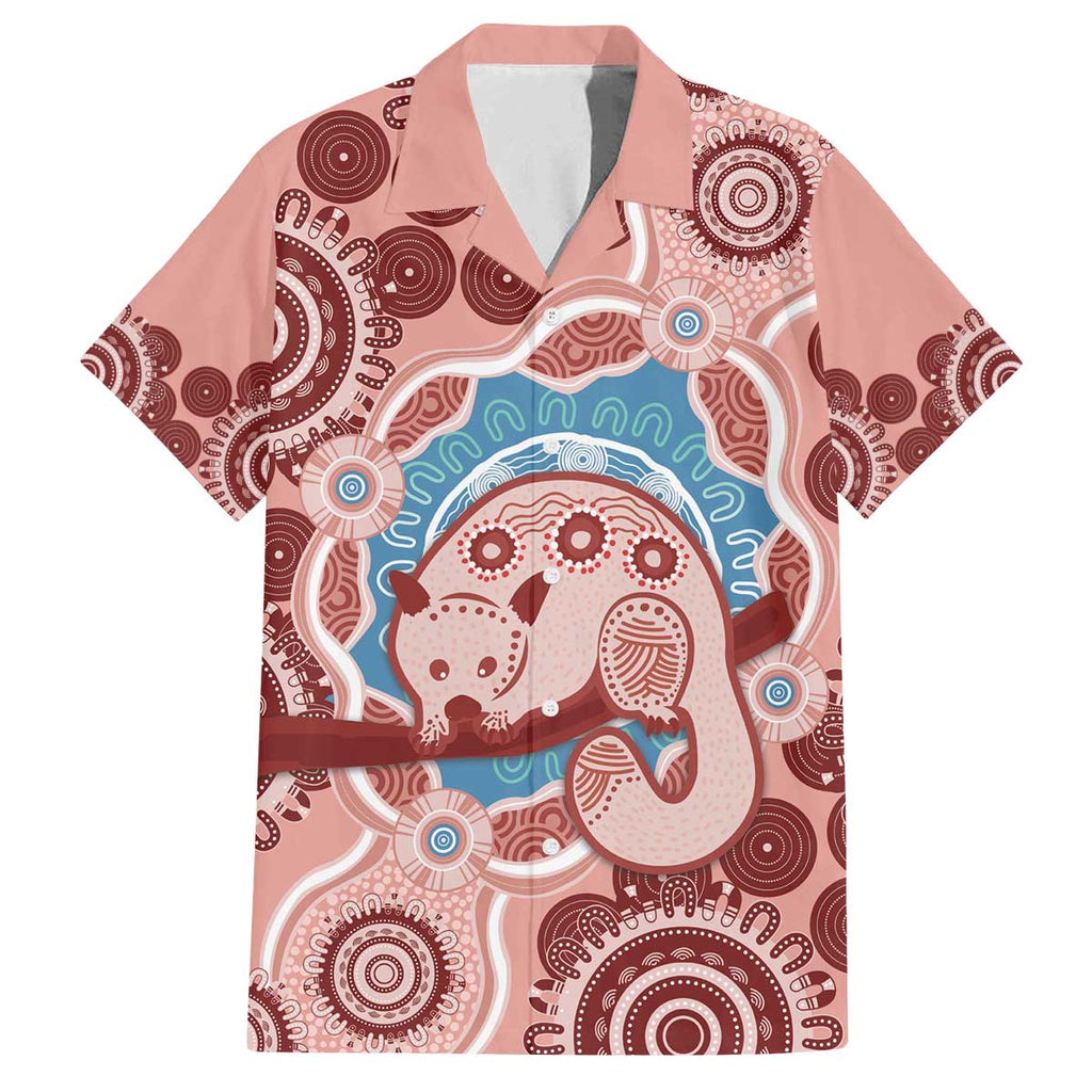 Blush Pink Australia Possum Family Matching Off The Shoulder Long Sleeve Dress and Hawaiian Shirt Indigenous Art