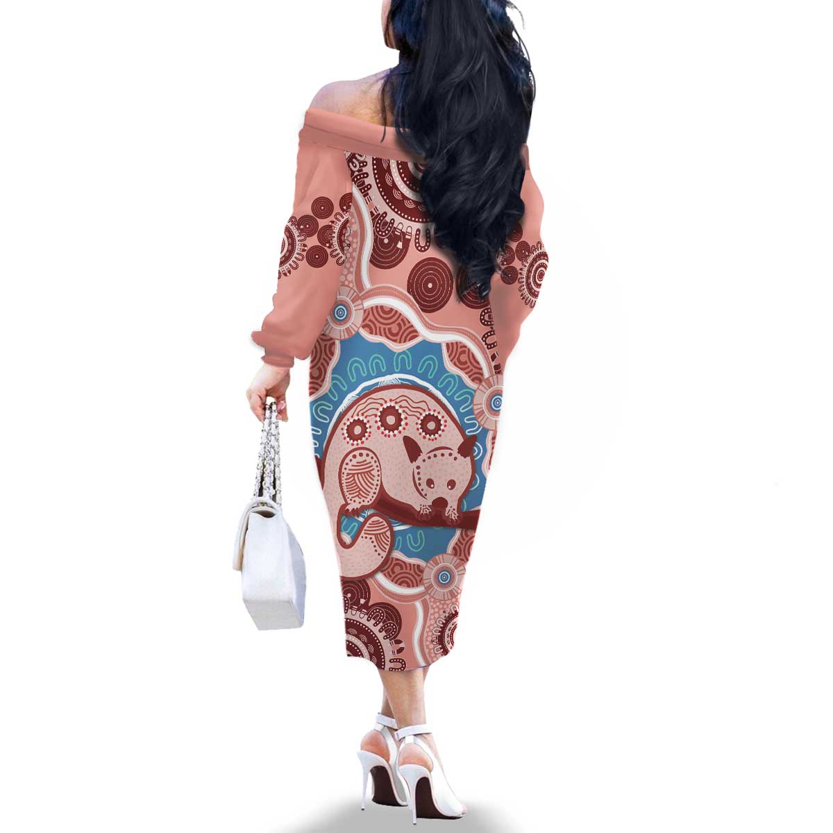 Blush Pink Australia Possum Family Matching Off The Shoulder Long Sleeve Dress and Hawaiian Shirt Indigenous Art