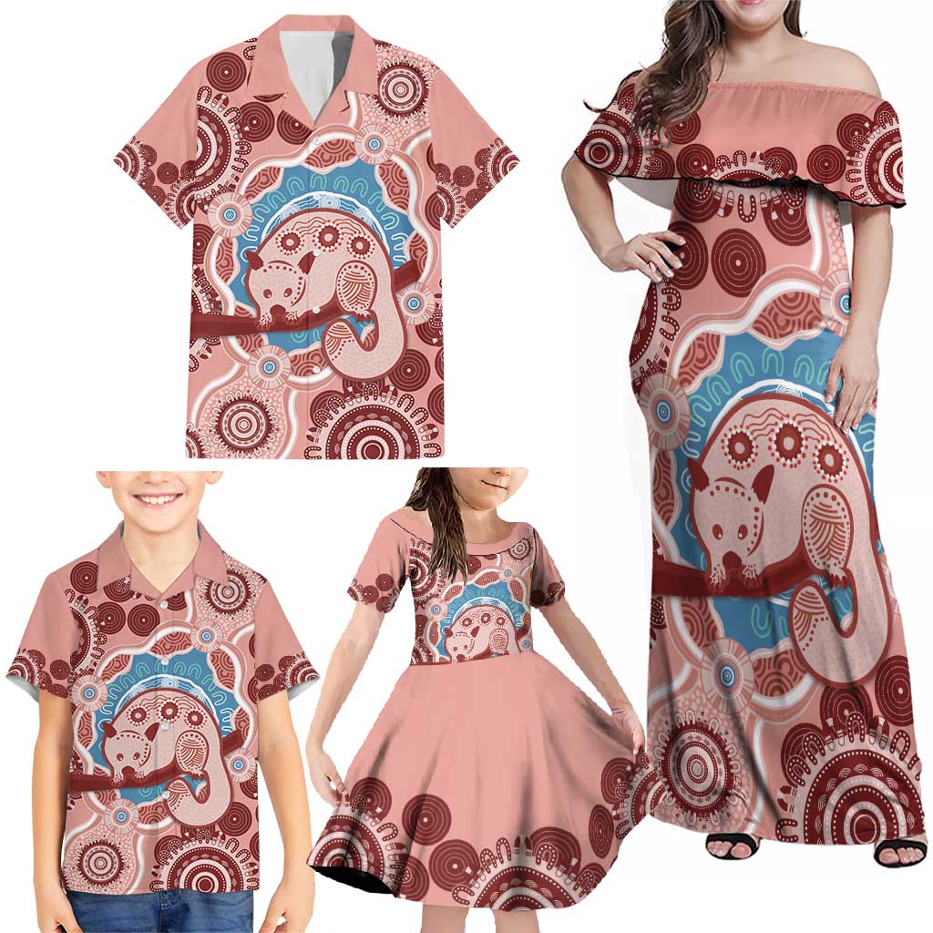 Blush Pink Australia Possum Family Matching Off Shoulder Maxi Dress and Hawaiian Shirt Indigenous Art