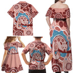 Blush Pink Australia Possum Family Matching Off Shoulder Maxi Dress and Hawaiian Shirt Indigenous Art
