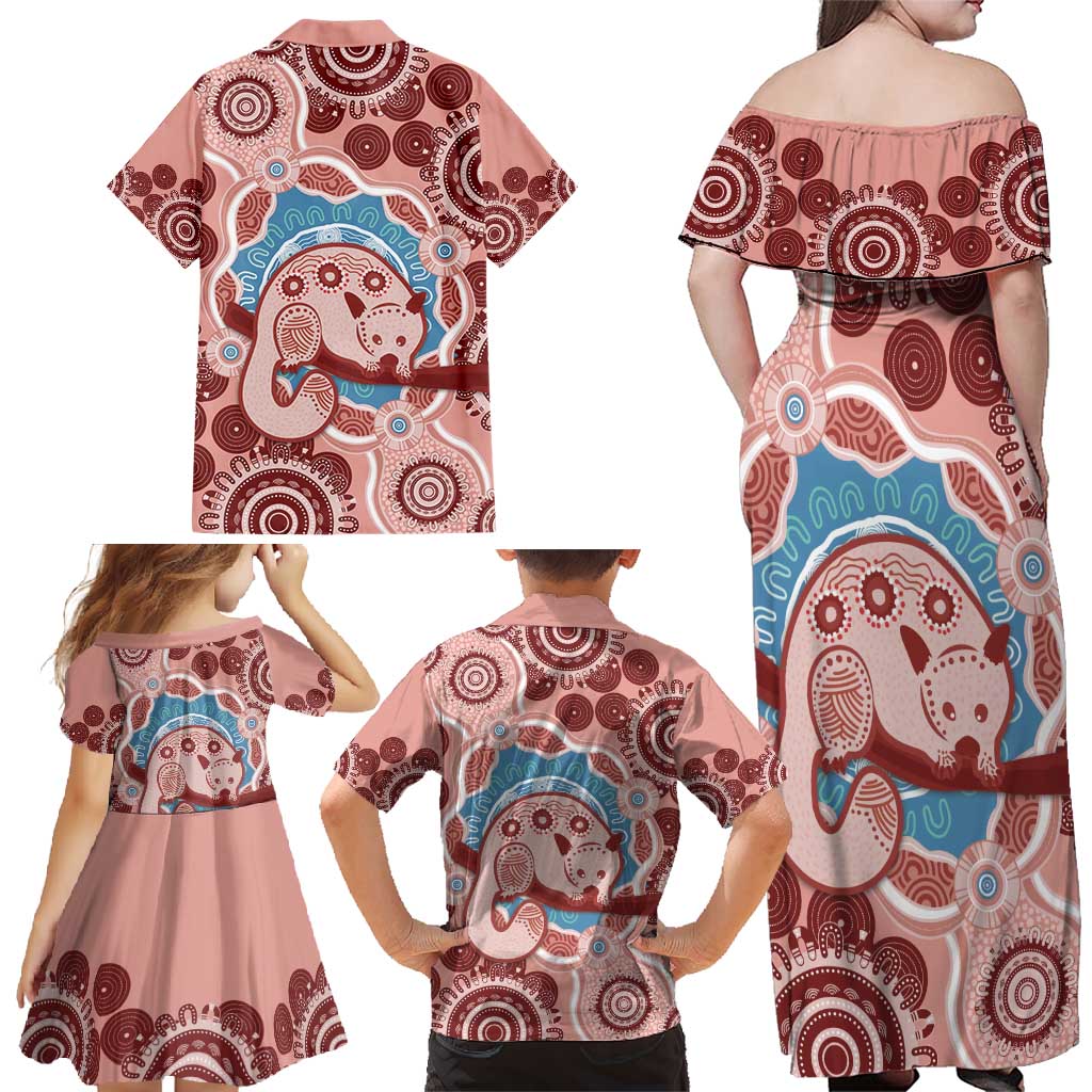 Blush Pink Australia Possum Family Matching Off Shoulder Maxi Dress and Hawaiian Shirt Indigenous Art