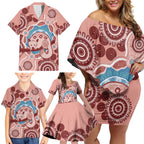 Blush Pink Australia Possum Family Matching Off Shoulder Short Dress and Hawaiian Shirt Indigenous Art
