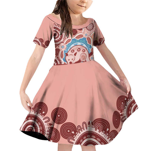 Blush Pink Australia Possum Family Matching Off Shoulder Short Dress and Hawaiian Shirt Indigenous Art