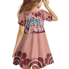 Blush Pink Australia Possum Family Matching Off Shoulder Short Dress and Hawaiian Shirt Indigenous Art