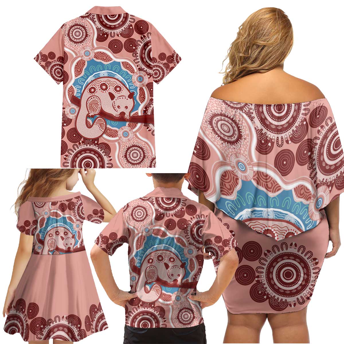 Blush Pink Australia Possum Family Matching Off Shoulder Short Dress and Hawaiian Shirt Indigenous Art