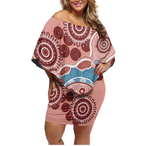 Blush Pink Australia Possum Family Matching Off Shoulder Short Dress and Hawaiian Shirt Indigenous Art