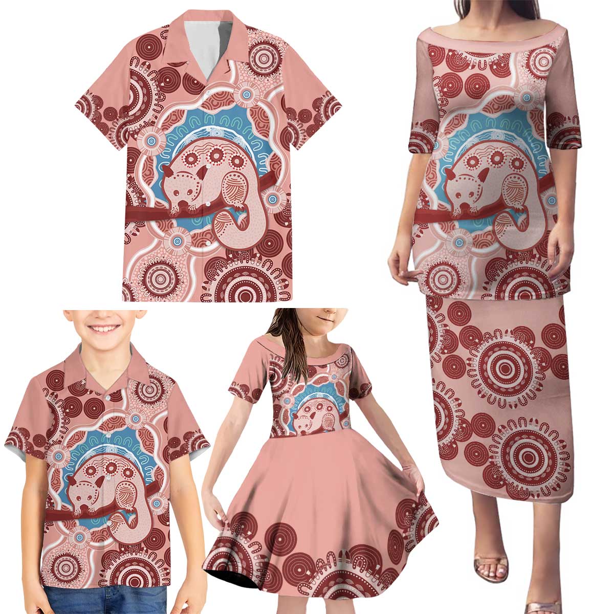Blush Pink Australia Possum Family Matching Puletasi and Hawaiian Shirt Indigenous Art