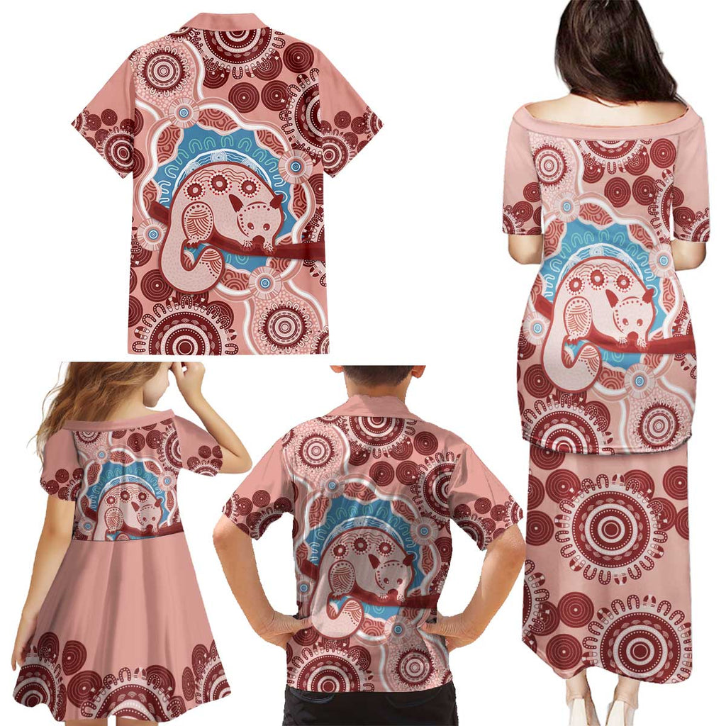 Blush Pink Australia Possum Family Matching Puletasi and Hawaiian Shirt Indigenous Art