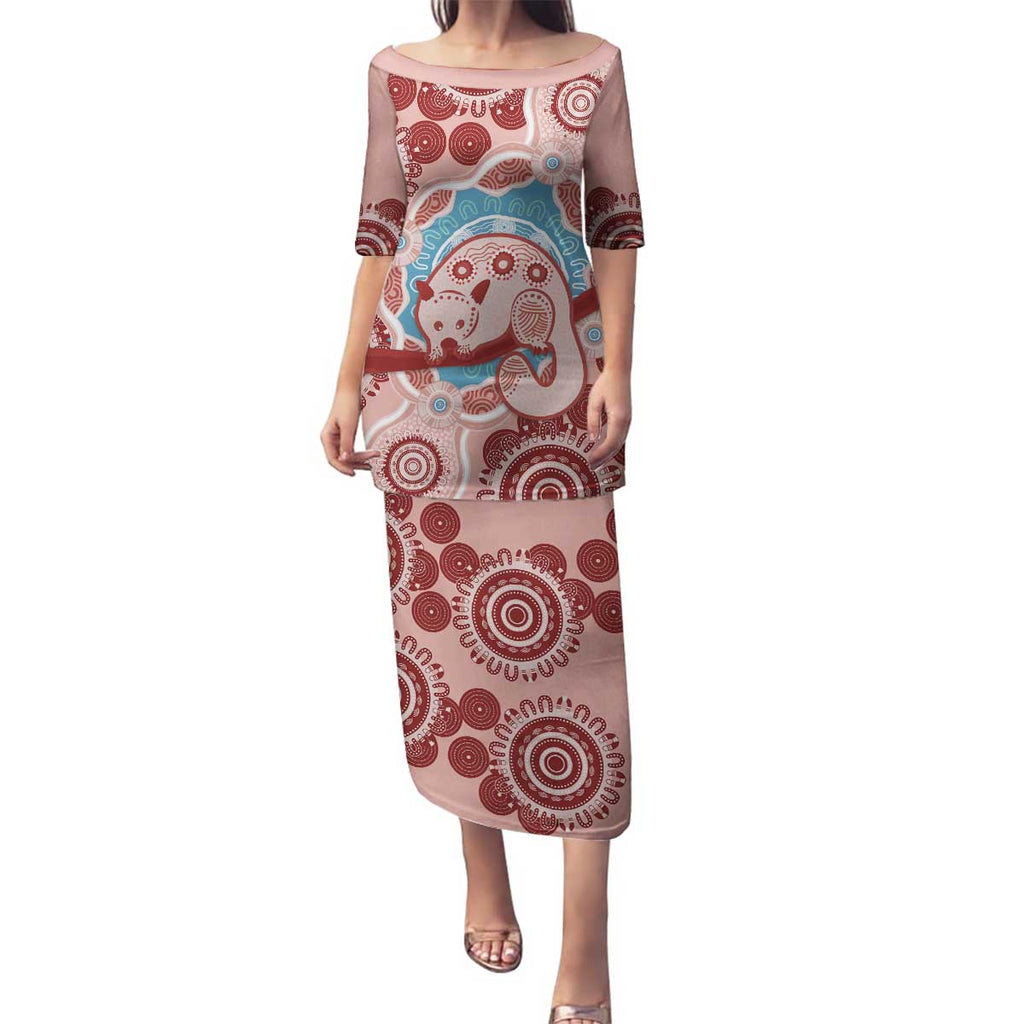 Blush Pink Australia Possum Family Matching Puletasi and Hawaiian Shirt Indigenous Art