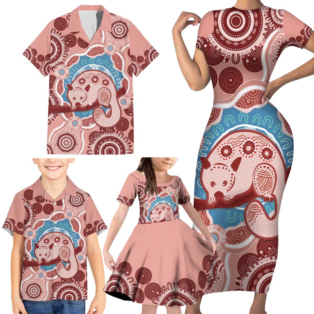 Blush Pink Australia Possum Family Matching Short Sleeve Bodycon Dress and Hawaiian Shirt Indigenous Art