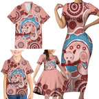 Blush Pink Australia Possum Family Matching Short Sleeve Bodycon Dress and Hawaiian Shirt Indigenous Art