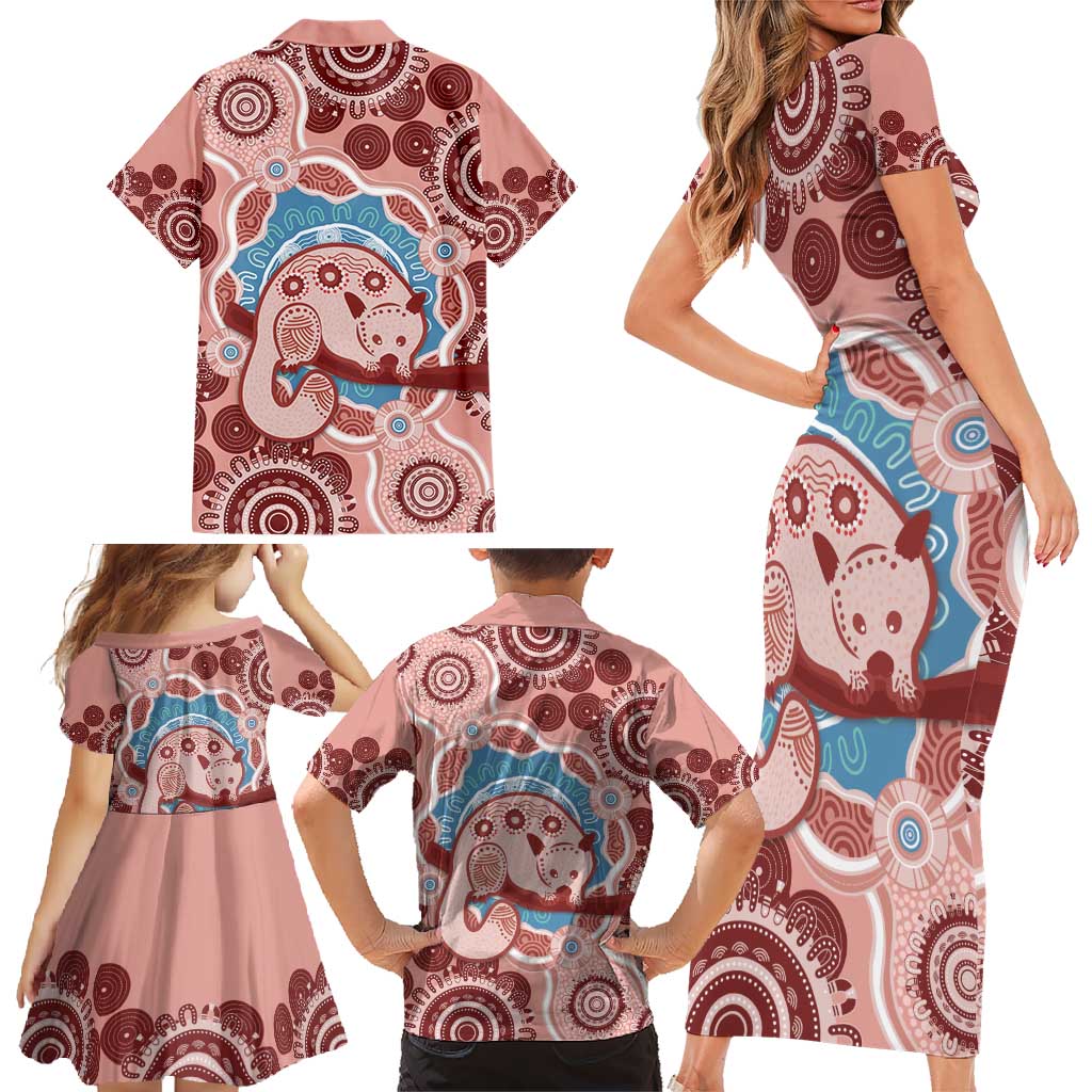 Blush Pink Australia Possum Family Matching Short Sleeve Bodycon Dress and Hawaiian Shirt Indigenous Art