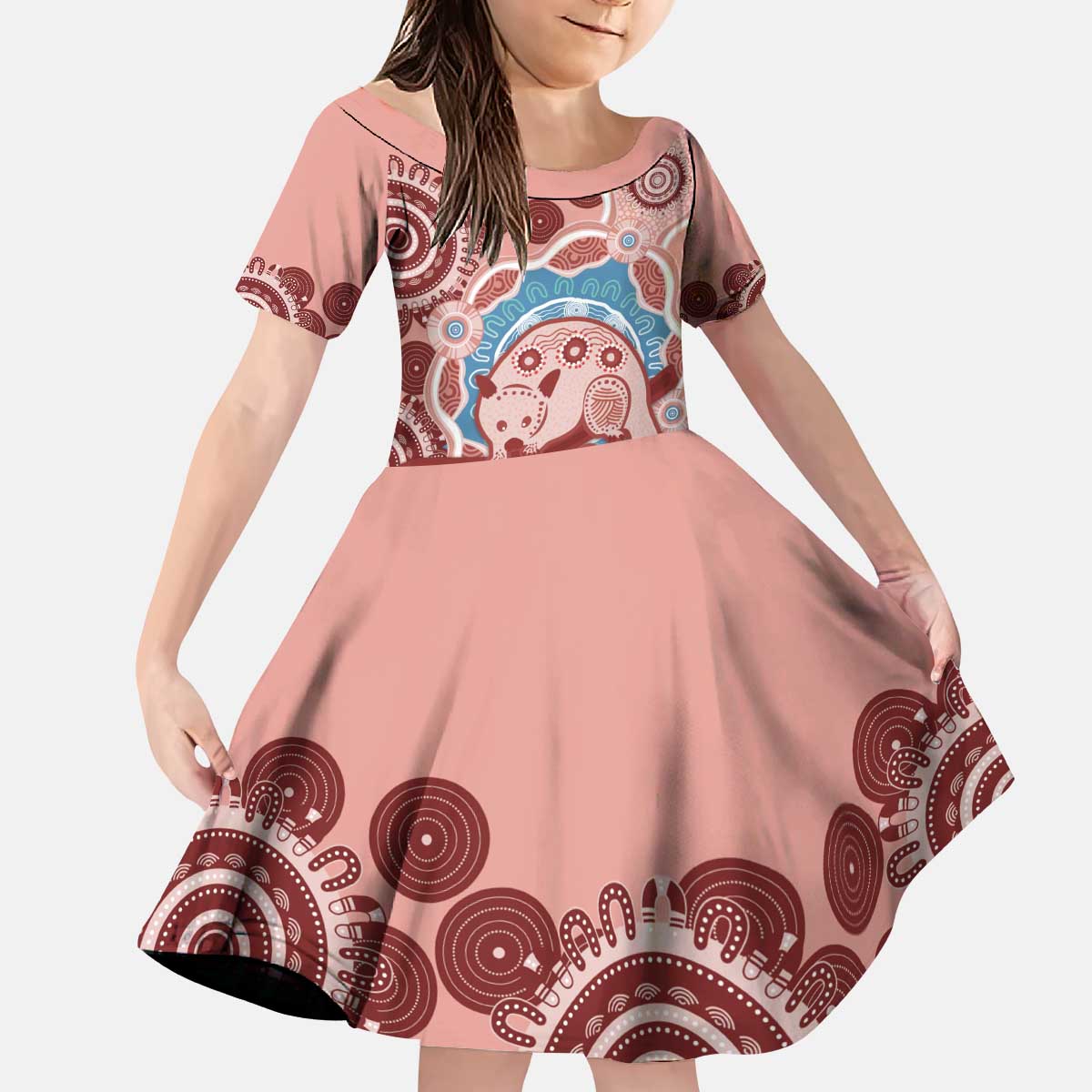 Blush Pink Australia Possum Kid Short Sleeve Dress Indigenous Art