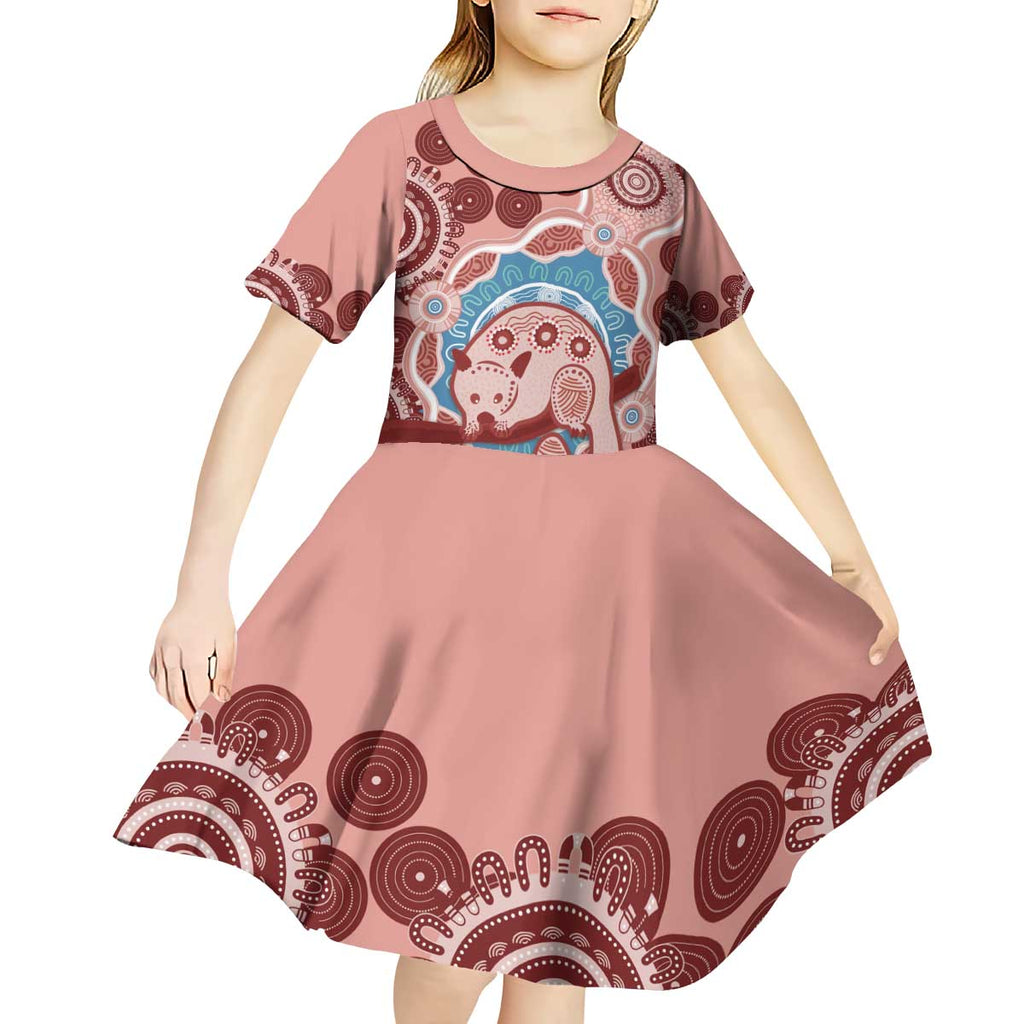 Blush Pink Australia Possum Kid Short Sleeve Dress Indigenous Art