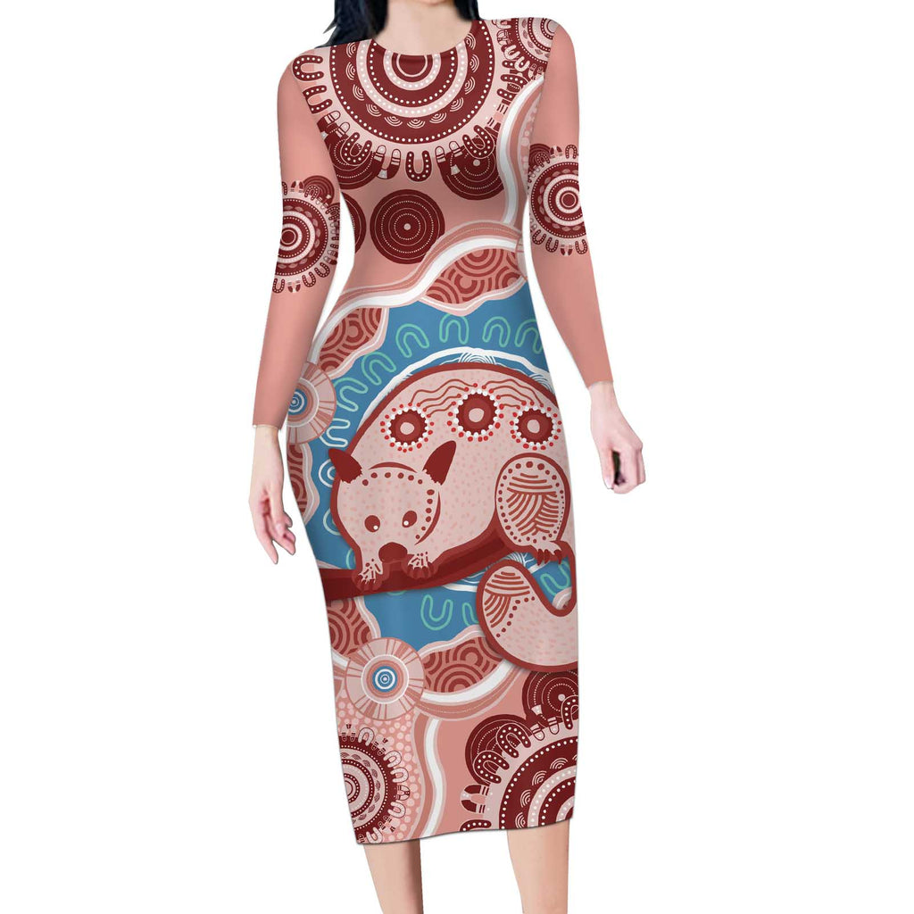 Blush Pink Australia Possum Long Sleeve Bodycon Dress Indigenous Art