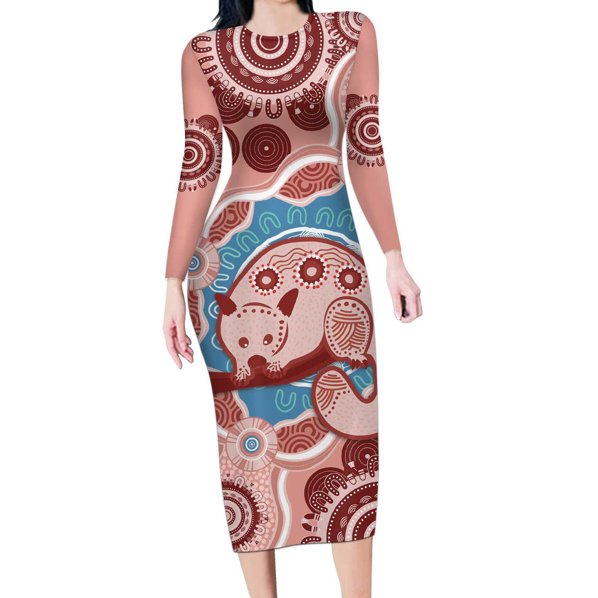 Blush Pink Australia Possum Long Sleeve Bodycon Dress Indigenous Art