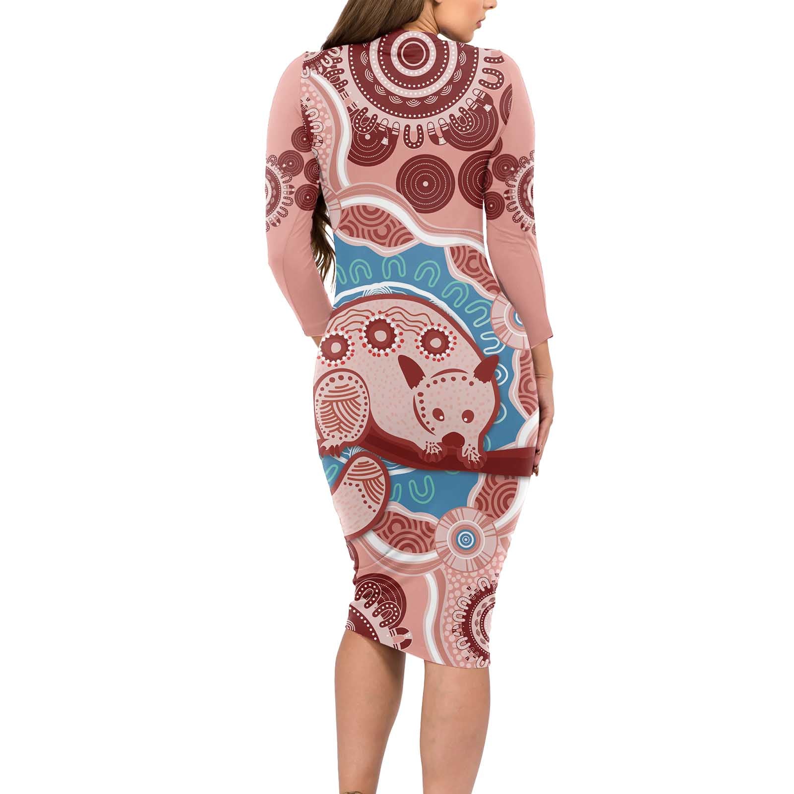 Blush Pink Australia Possum Long Sleeve Bodycon Dress Indigenous Art